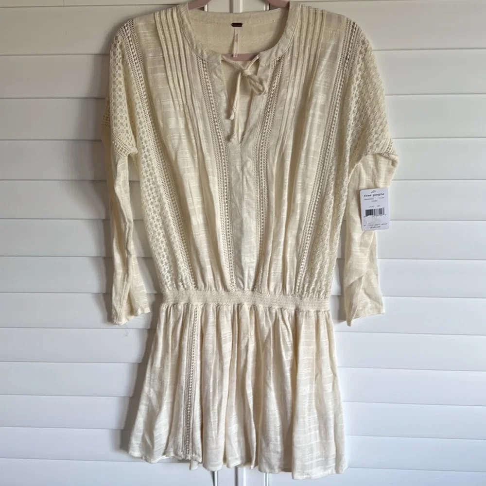 NWT FREE PEOPLE Women's White 'NOMAD' Peasant Boho Pintucked Mini Dress‎ Xs
